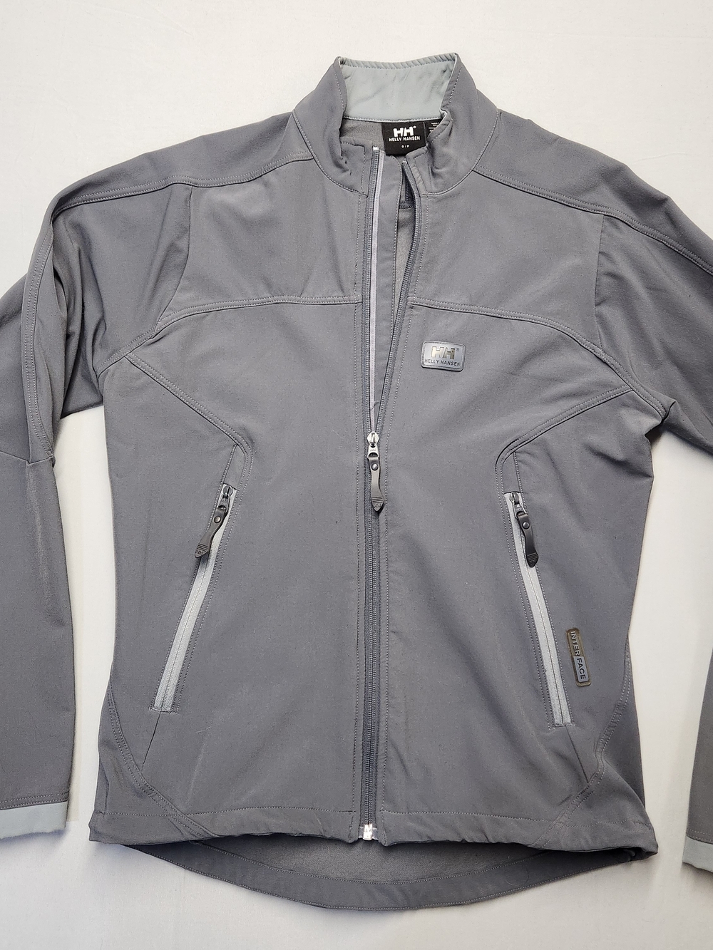 Helly Hansen Interface BW Jacket Mens Small Gray Full Zip Softshell Stained Read